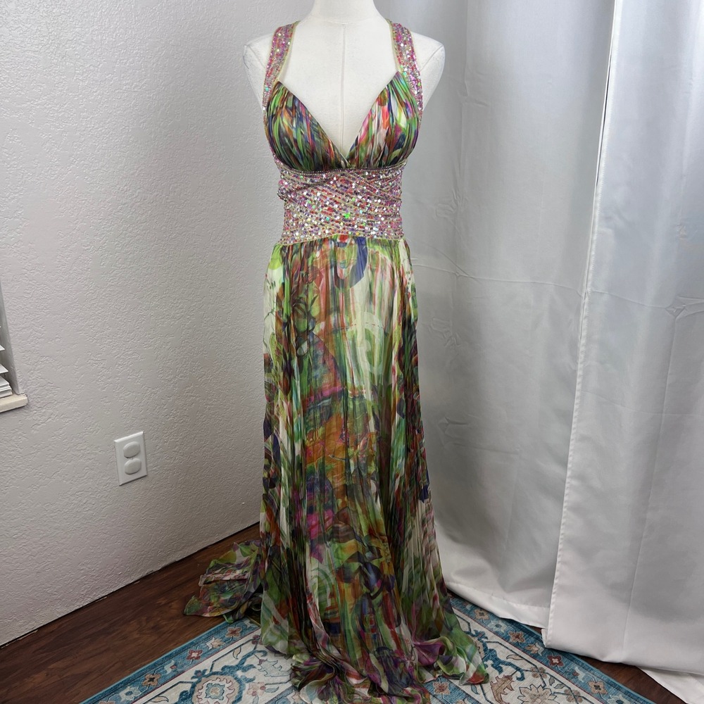 Y2K Jovani Maxi Dress Womens 0 Multicolor Silk Chiffon Sequined Glam Pageant